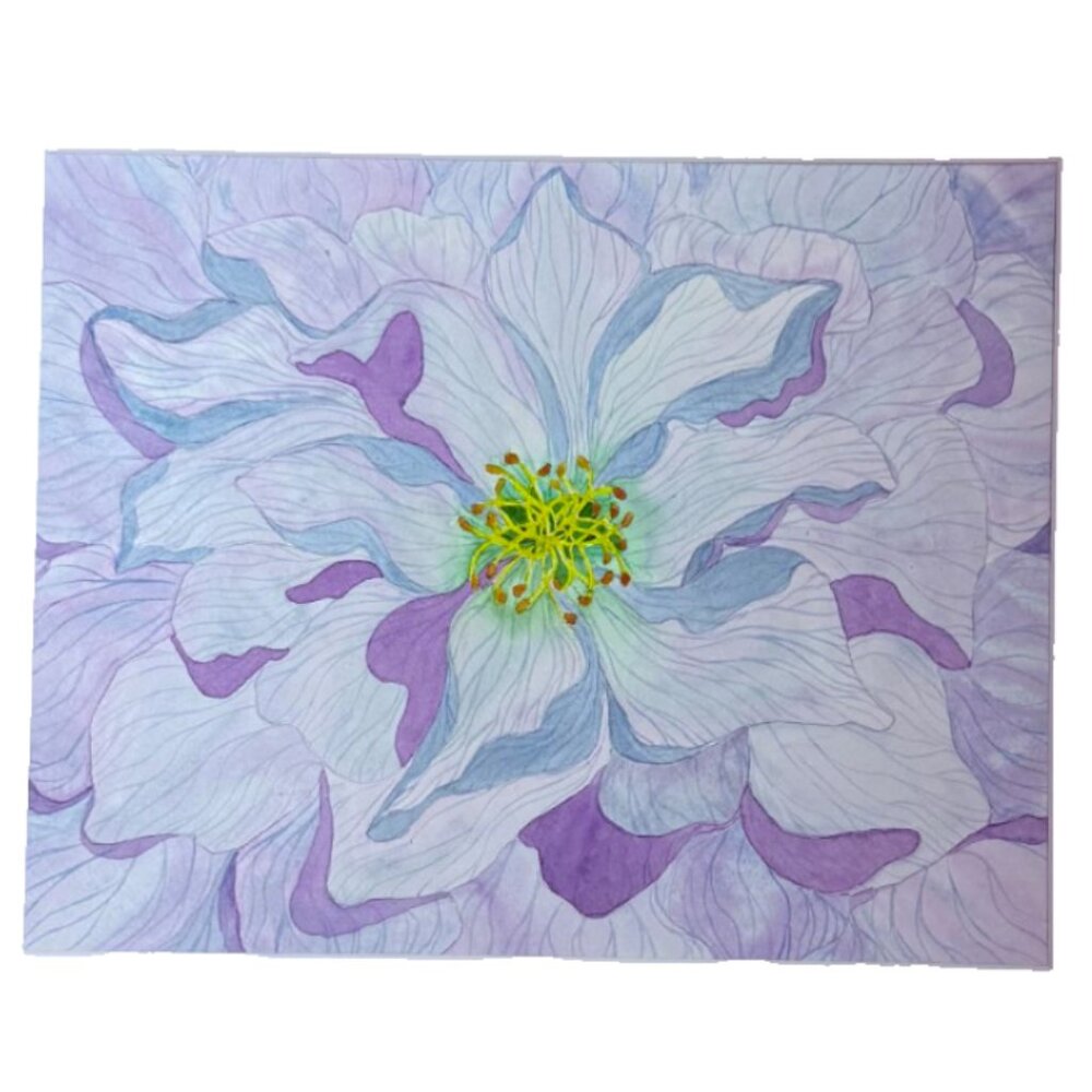 Painting Watercolor Flower Peony Blue Lavender Purple 14x11 White Mat 20x16 Art